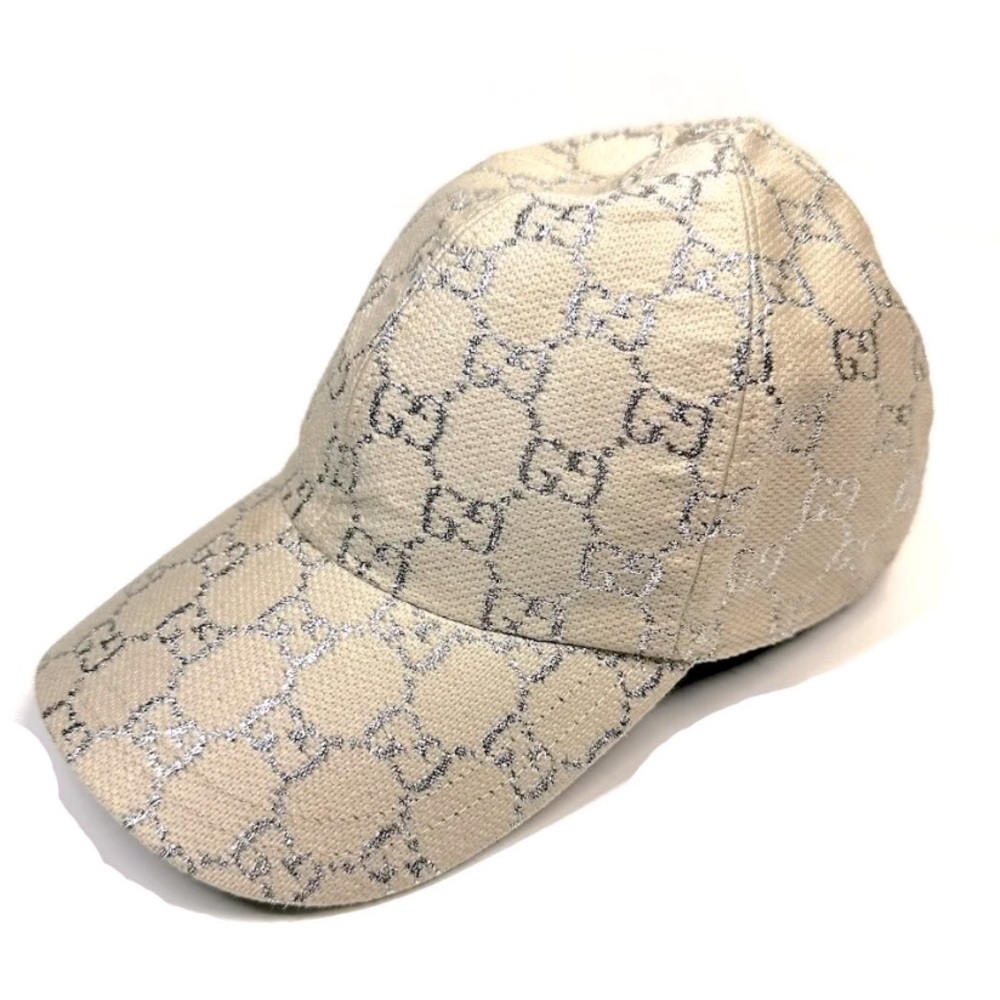 Gucci GG LAMÉ METALLIC CREAM SILVER JACQUARD LOGO BASEBALL HAT/ CAP